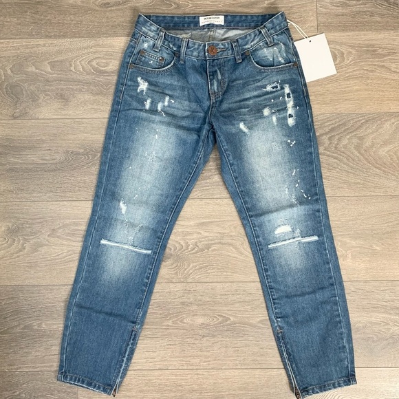 One Teaspoon Freebirds Jeans Skinny Straight Distressed Zip Ankle Blue Cult - Picture 4 of 16